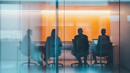 Group of office workers engaged in a professional business meeting, discussing data and strategy around a conference table in a modern workspace. Collaboration, teamwork, and decision-making in action - Powered by Adobe