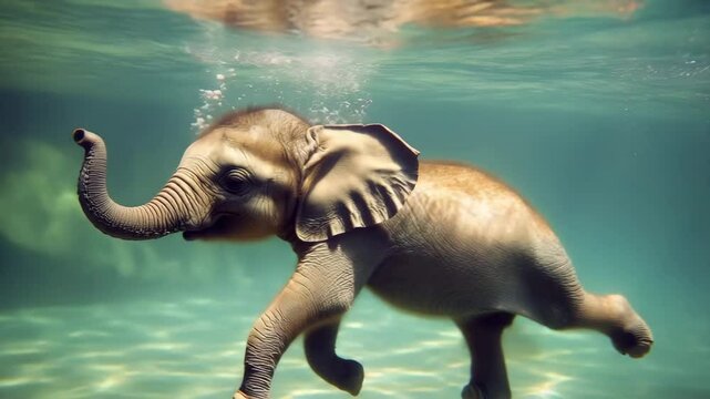 Baby Elephant Swimming Underwater in Clear Water