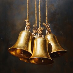 A detailed close-up view of several golden bells hanging from strings.