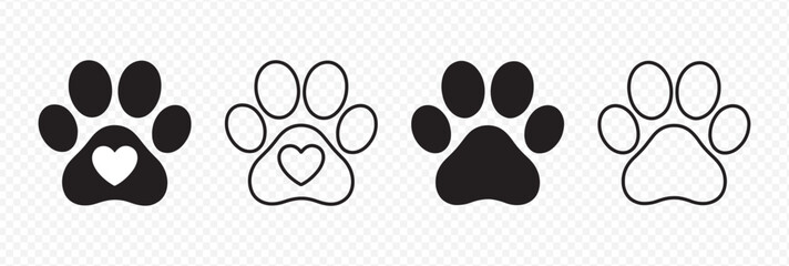 Fototapeta premium Set of 4 Paw Print Designs Featuring Heart-Shaped and Standard Footprint Icons for Pet-Themed Graphics, Logos, and Decorations