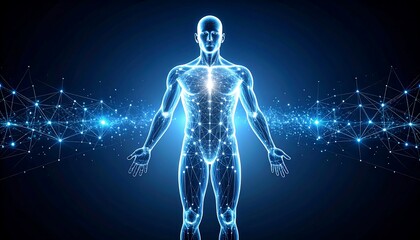 Luminous Human Body 3D Holographic Male Figure Glowing in Dark Space