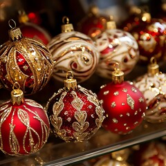 Ornate christmas ornaments in red and gold.