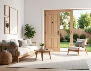 Naklejka premium Bright living room with wooden furniture and garden view through open door