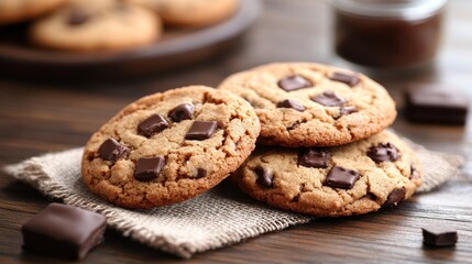 Delicious chocolate chip cookies, the perfect baked treat or snack on a wooden table.