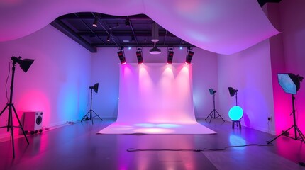 A vibrant indoor event space transformed by an elaborate lighting setup