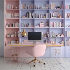 Pastel workspace with computer and bookshelf, front view, pink chair, gold lamp, home office, interior design
