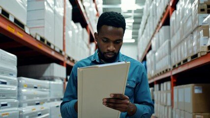An African American man stands in a warehouse with a clipboard. With a clipboard ready, he engages with his team, promoting a collaborative atmosphere in the warehouse.