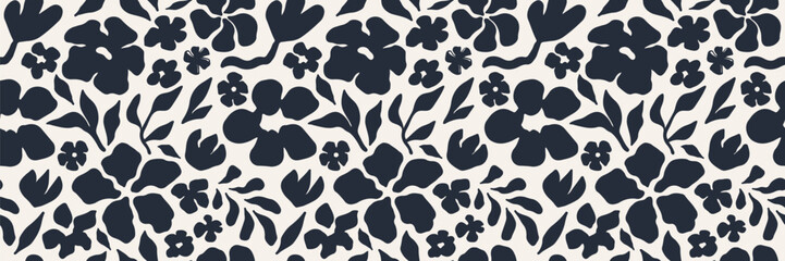 Fototapeta premium Seamless black and white floral pattern with abstract hand drawn flowers and leaves. Modern botanical background for fabric, wallpaper, branding, packaging, digital designs. Trendy monochrome style