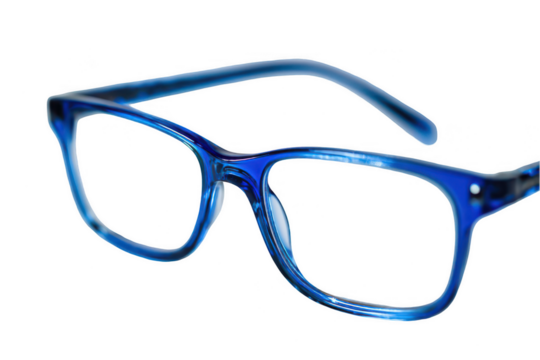 blue, square-shaped glasses on a white background. Product photography, png, transparent