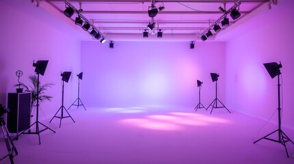 A vibrant indoor event space transformed by an elaborate lighting setup