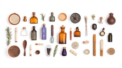 A collection of natural beauty products and containers arranged aesthetically for a calming and stylish display.