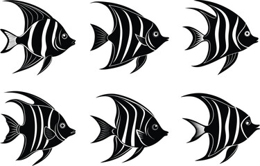 Fototapeta premium Tropical Fish Black And White Vector Illustration Set