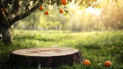 Wooden stump in a grassy orchard setting with oranges.