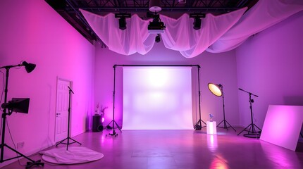 A vibrant indoor event space transformed by an elaborate lighting setup