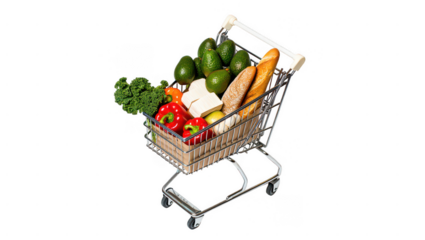 Grocery shopping cart with fresh produce and bread isolated on transparent background