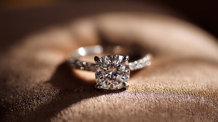 A captivating close-up of a diamond ring, radiating elegance and luxury on a rich backdrop.