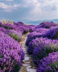 Obraz premium Lavender field path leading to distant mountains in Provence France scenic landscape view