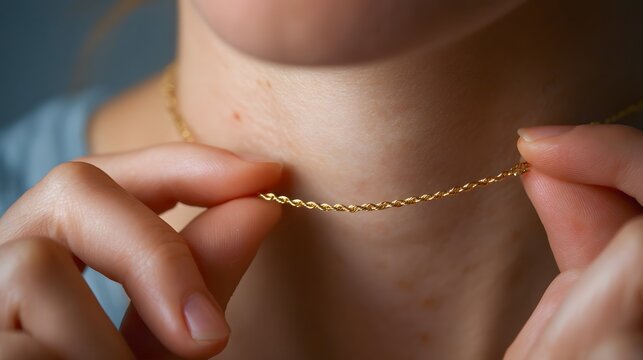 A woman admiring a gold rope chain necklace around her neck, close-up view.