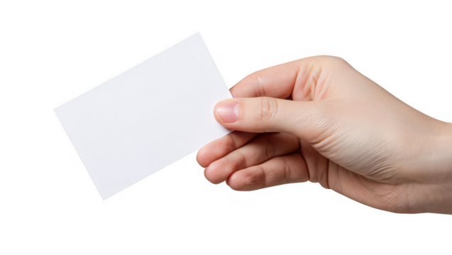 Hand holding blank white card isolated on transparent background