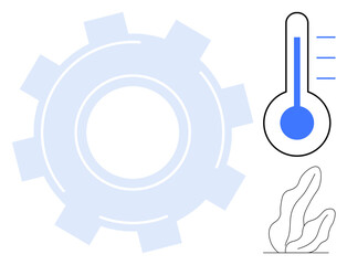 Blue gear symbolizing efficiency, thermometer icon indicating temperature tracking, small plant representing sustainability. Ideal for innovation, maintenance, automation, energy, eco-friendly tech