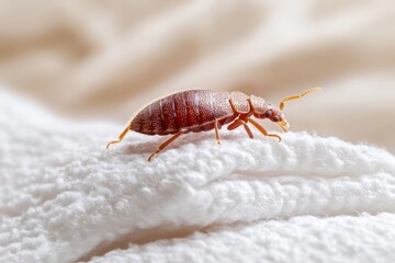 Close-up of a bed bug on white fabric showing its detail and pest concept