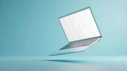 floating open macbook with white screen on a light pastel blue background