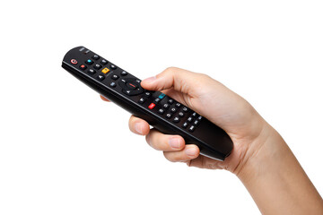 Hand holding black tv remote control isolated on transparent background
