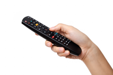 Hand holding black tv remote control isolated on transparent background