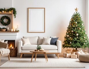 Cozy Christmas Living Room with Fireplace Tree and Blank Frame Mockup