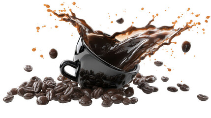 coffee splash with beans and cup isolated on a white background, png, transparent