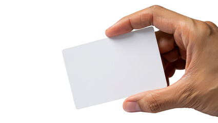 Hand holding blank white card isolated on transparent background