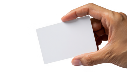 Hand holding blank white card isolated on transparent background