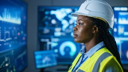 Confident female engineer overseeing operations in modern control center environment