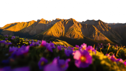 Golden hour mountain range with wildflowers isolated on transparent background