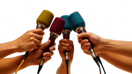 Four hands holding colorful microphones isolated on transparent background