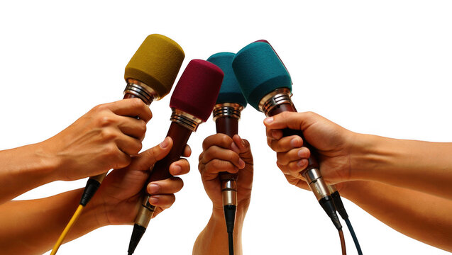 Four hands holding colorful microphones isolated on transparent background