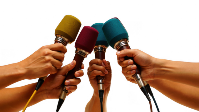 Four hands holding colorful microphones isolated on transparent background
