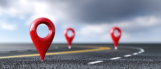 Red location pins on a curved road under a cloudy sky.