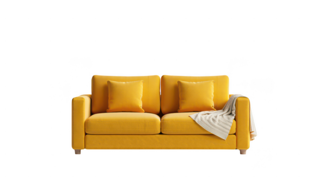 Modern yellow sofa with cushions and throw blanket isolated on transparent background