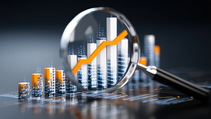 Magnifying glass focusing on rising graph bars.