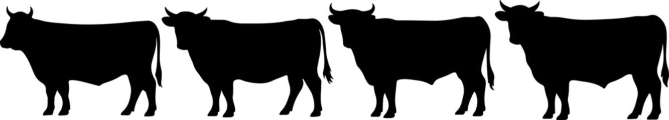 Cow silhouette and line art vector set, black cow icon vector bundle