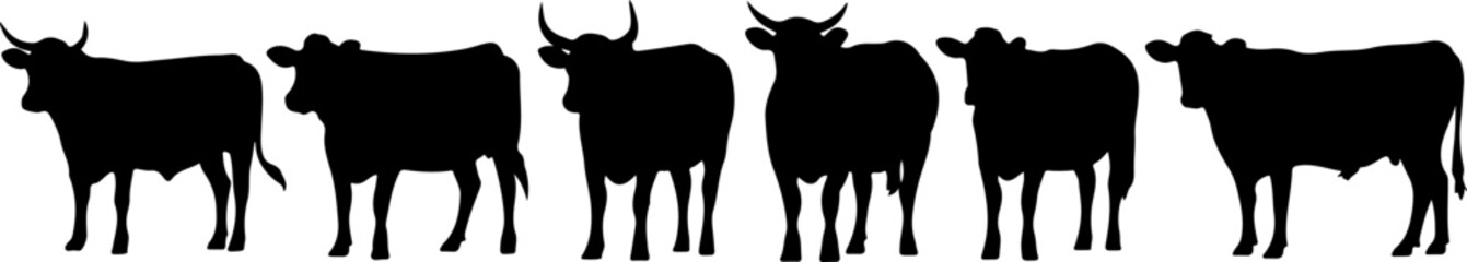 Cow silhouette and line art vector set, black cow icon vector bundle