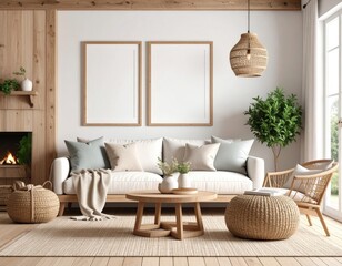 Cozy living room with fireplace natural light and two blank frames above the sofa