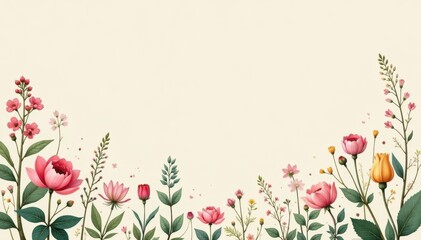 Delicate wildflowers & vines, pastel hues on cream, blossom, bloom