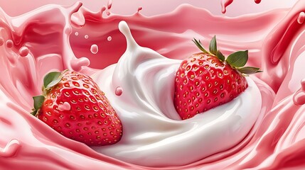 Fresh strawberry in a swirl of pink and white dairy splash.
