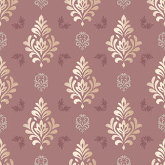 Intricate baroque damask pattern in rich brown and golden beige tones. Ideal for classic home décor, wallpaper, or luxurious textile applications.