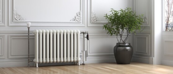 Elegant room with classic radiator and a potted plant.