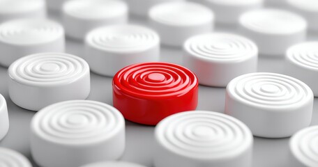 Close-up of red checkers piece among white ones.
