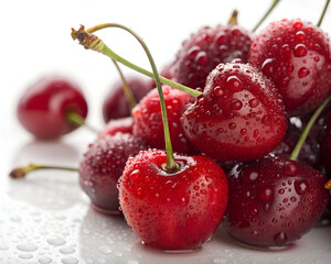 Fresh Red Cherries with Water Droplets Close Up Photo