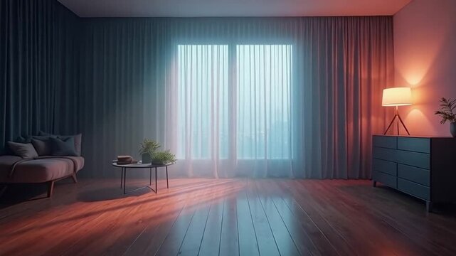 Modern empty room interior with wooden floor and large window